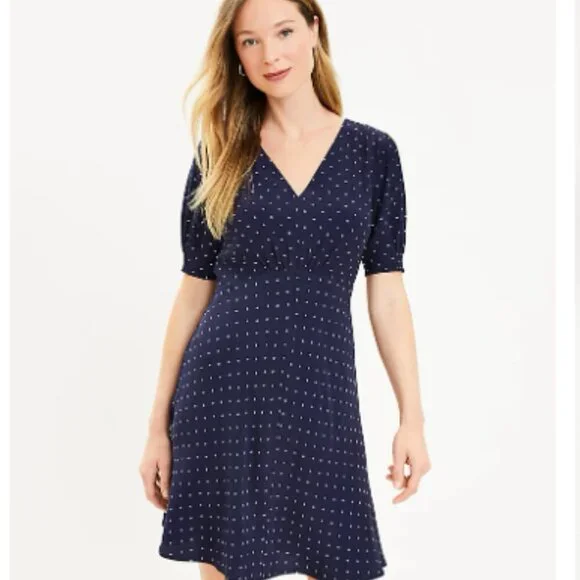 LOFT Dresses Loft Navy White Polka Dot Puff Sleeve V Neck Midi